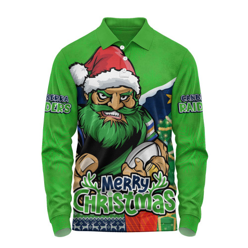 Canberra Raiders Long Sleeve Polo Shirt Santa Scoring Touchdown On Christmas Game Day