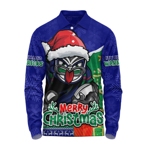 New Zealand Warriors Long Sleeve Polo Shirt Santa Scoring Touchdown On Christmas Game Day