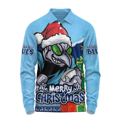 New South Wales Blues Long Sleeve Polo Shirt Santa Scoring Touchdown On Christmas Game Day New South Wales Blues Long Sleeve Polo Shirt Santa Scoring Touchdown On Christmas Game Day