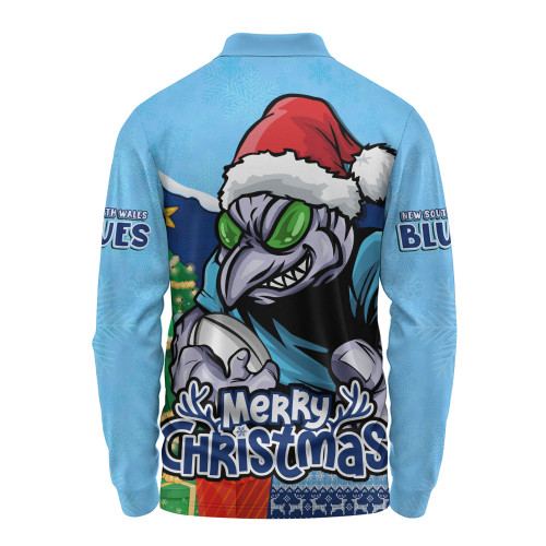 New South Wales Blues Long Sleeve Polo Shirt Santa Scoring Touchdown On Christmas Game Day