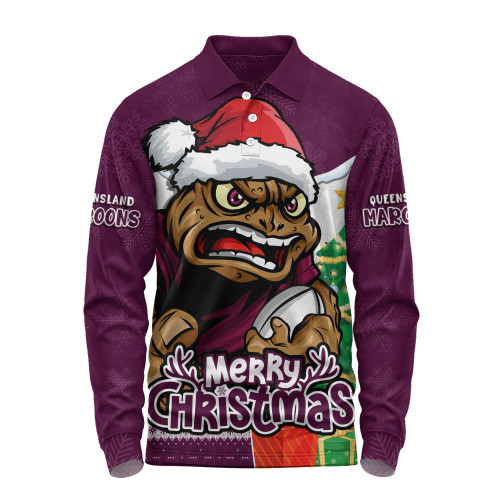Queensland Maroons Long Sleeve Polo Shirt Santa Scoring Touchdown On Christmas Game Day