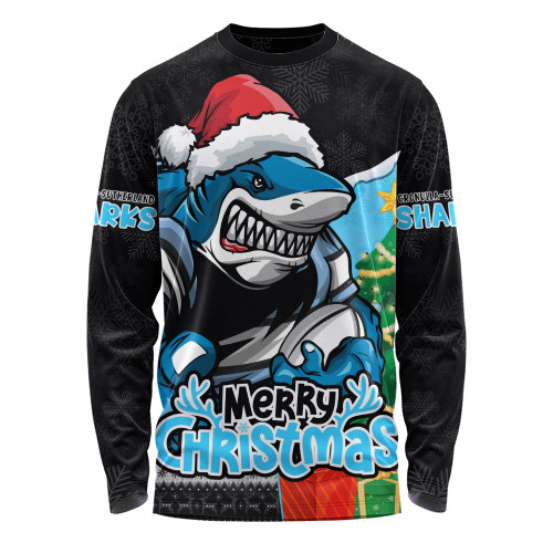 Cronulla-Sutherland Sharks Long Sleeve T-shirt Santa Scoring Touchdown On Christmas Game Day
