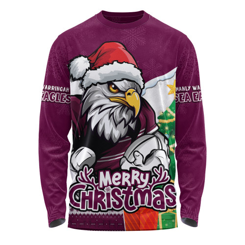 Manly Warringah Sea Eagles Long Sleeve T-shirt Santa Scoring Touchdown On Christmas Game Day