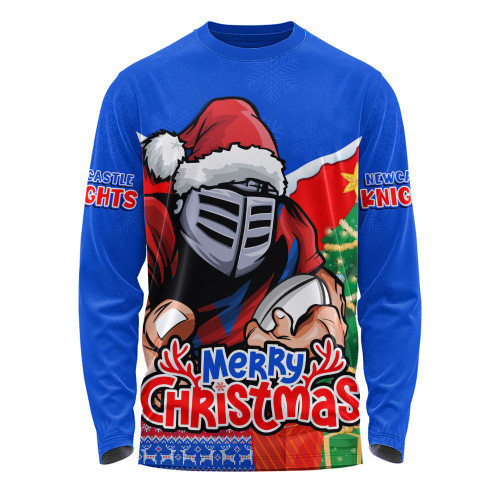 Newcastle Knights Long Sleeve T-shirt Santa Scoring Touchdown On Christmas Game Day