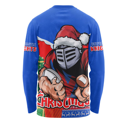 Newcastle Knights Long Sleeve T-shirt Santa Scoring Touchdown On Christmas Game Day