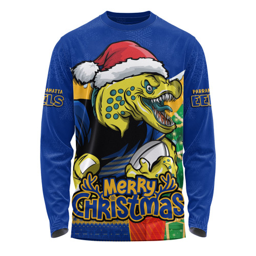 Parramatta Eels Long Sleeve T-shirt Santa Scoring Touchdown On Christmas Game Day