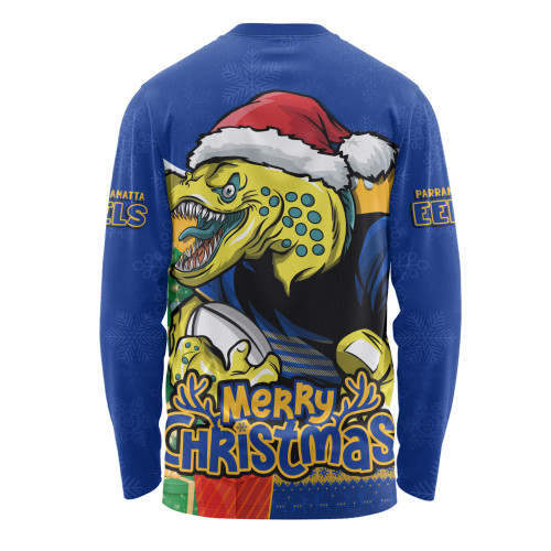 Parramatta Eels Long Sleeve T-shirt Santa Scoring Touchdown On Christmas Game Day
