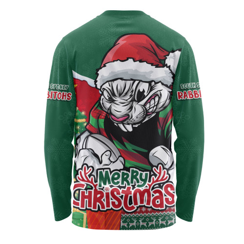 South Sydney Rabbitohs Long Sleeve T-shirt Santa Scoring Touchdown On Christmas Game Day
