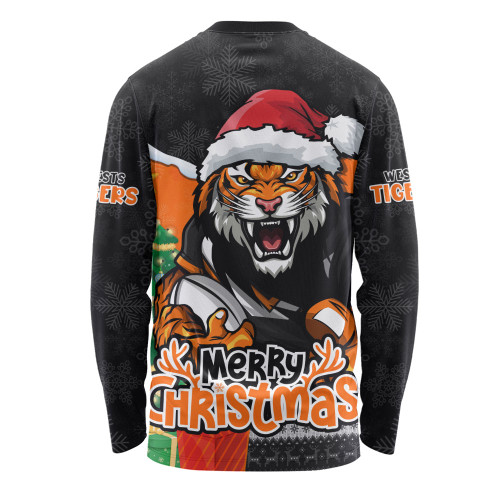 Wests Tigers Long Sleeve T-shirt Santa Scoring Touchdown On Christmas Game Day