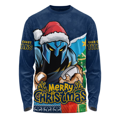 Gold Coast Titans Long Sleeve T-shirt Santa Scoring Touchdown On Christmas Game Day
