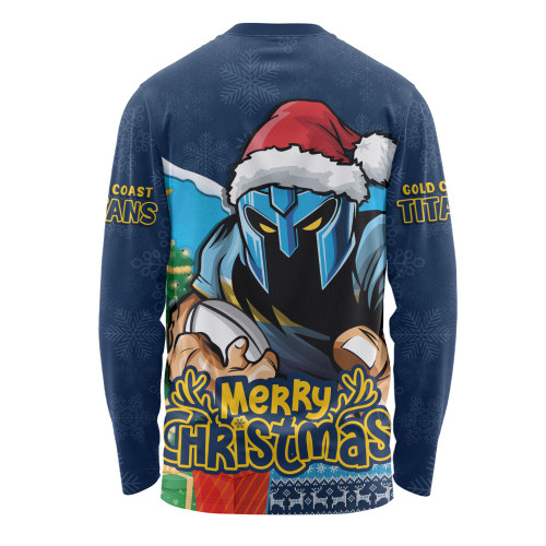 Gold Coast Titans Long Sleeve T-shirt Santa Scoring Touchdown On Christmas Game Day