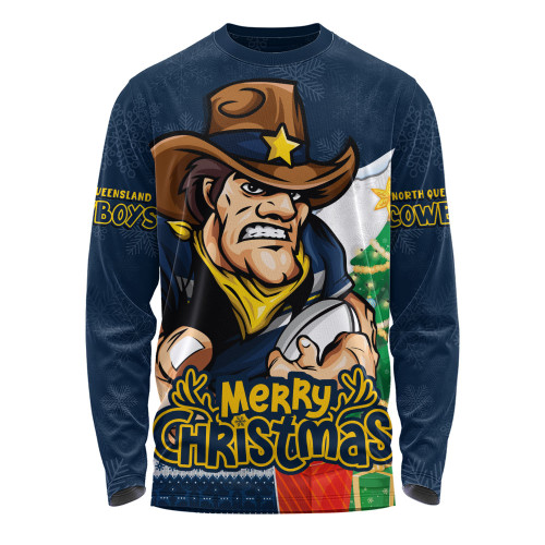 North Queensland Cowboys Long Sleeve T-shirt Santa Scoring Touchdown On Christmas Game Day