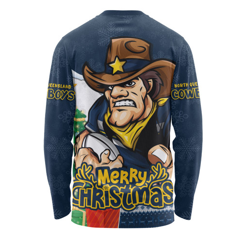 North Queensland Cowboys Long Sleeve T-shirt Santa Scoring Touchdown On Christmas Game Day