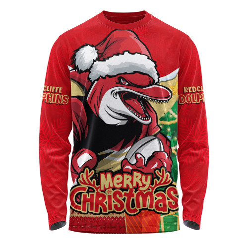 Redcliffe Dolphins Long Sleeve T-shirt Santa Scoring Touchdown On Christmas Game Day