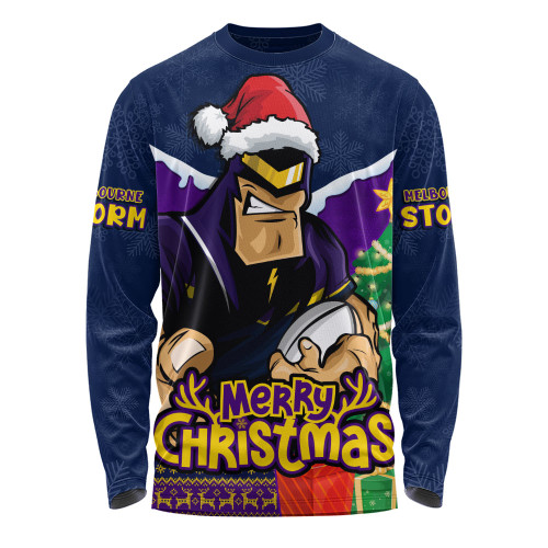 Melbourne Storm Long Sleeve T-shirt Santa Scoring Touchdown On Christmas Game Day