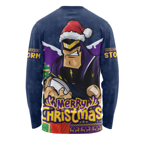 Melbourne Storm Long Sleeve T-shirt Santa Scoring Touchdown On Christmas Game Day