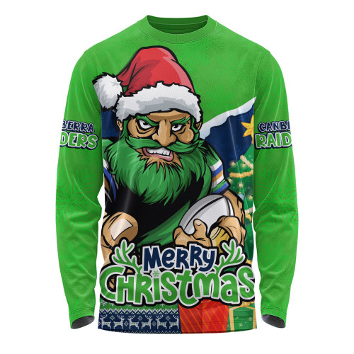 Canberra Raiders Long Sleeve T-shirt Santa Scoring Touchdown On Christmas Game Day