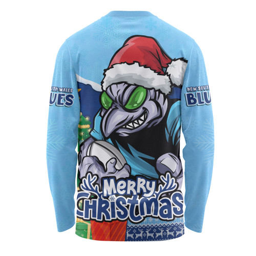 New South Wales Blues Long Sleeve T-shirt Santa Scoring Touchdown On Christmas Game Day