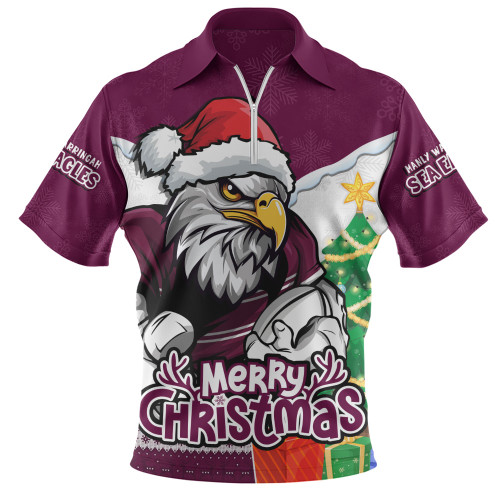 Manly Warringah Sea Eagles Zip Polo Shirt Santa Scoring Touchdown On Christmas Game Day