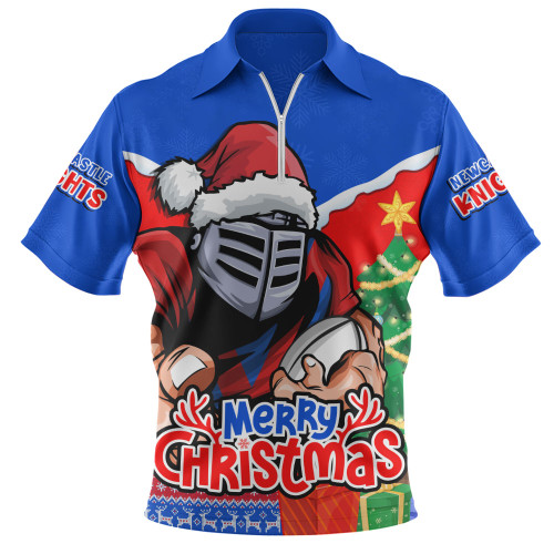 Newcastle Knights Zip Polo Shirt Santa Scoring Touchdown On Christmas Game Day
