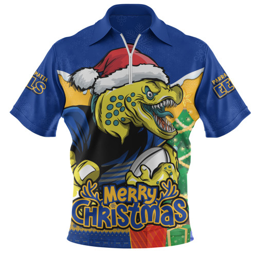 Parramatta Eels Zip Polo Shirt Santa Scoring Touchdown On Christmas Game Day