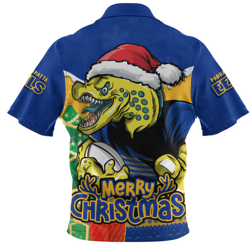 Parramatta Eels Zip Polo Shirt Santa Scoring Touchdown On Christmas Game Day