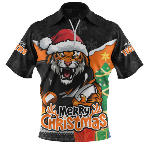 Wests Tigers Zip Polo Shirt Santa Scoring Touchdown On Christmas Game Day