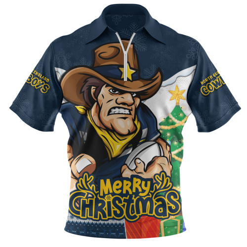 North Queensland Cowboys Zip Polo Shirt Santa Scoring Touchdown On Christmas Game Day