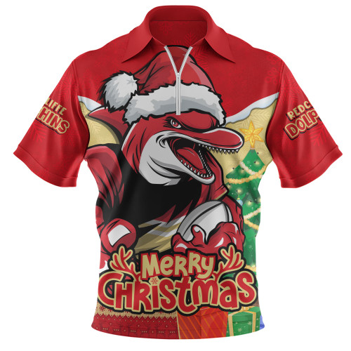 Redcliffe Dolphins Zip Polo Shirt Santa Scoring Touchdown On Christmas Game Day