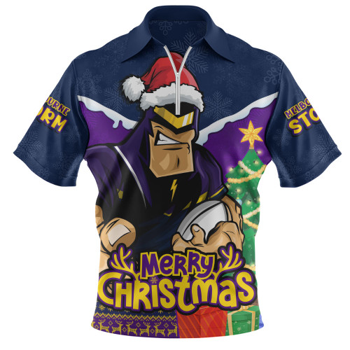 Melbourne Storm Zip Polo Shirt Santa Scoring Touchdown On Christmas Game Day