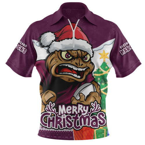 Queensland Maroons Zip Polo Shirt Santa Scoring Touchdown On Christmas Game Day