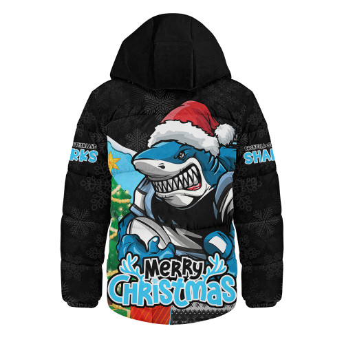 Cronulla-Sutherland Sharks Hooded Padded Jacket Santa Scoring Touchdown On Christmas Game Day