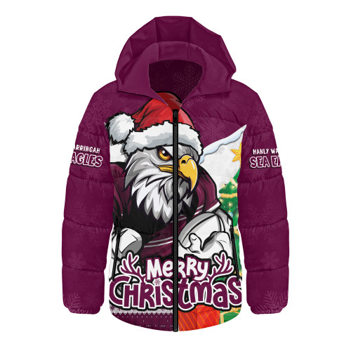Manly Warringah Sea Eagles Hooded Padded Jacket Santa Scoring Touchdown On Christmas Game Day