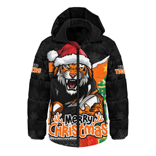 Wests Tigers Hooded Padded Jacket Santa Scoring Touchdown On Christmas Game Day Wests Tigers Hooded Padded Jacket Santa Scoring Touchdown On Christmas Game Day