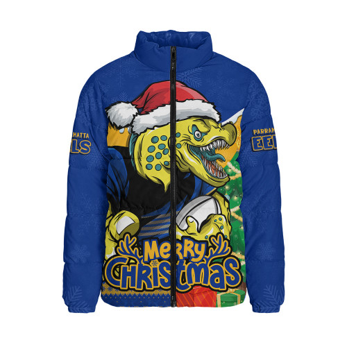 Parramatta Eels Padded Jacket Santa Scoring Touchdown On Christmas Game Day