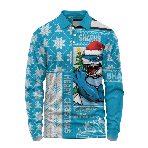 Cronulla-Sutherland Sharks Long Sleeve Polo Shirt Christmas Magic Knit Style Winter Glow