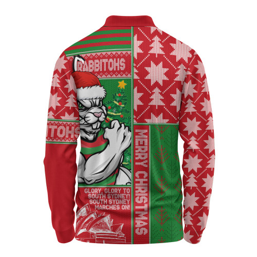 South Sydney Rabbitohs Long Sleeve Polo Shirt Christmas Magic Knit Style Winter Glow