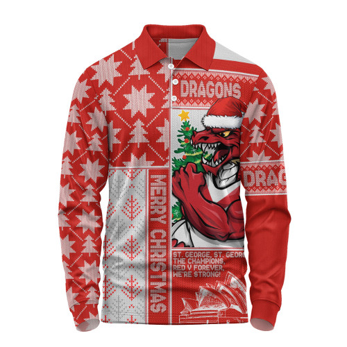 St. George Illawarra Dragons Long Sleeve Polo Shirt Christmas Magic Knit Style Winter Glow