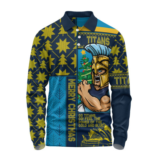 Gold Coast Titans Long Sleeve Polo Shirt Christmas Magic Knit Style Winter Glow