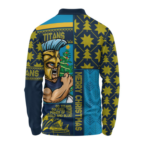 Gold Coast Titans Long Sleeve Polo Shirt Christmas Magic Knit Style Winter Glow