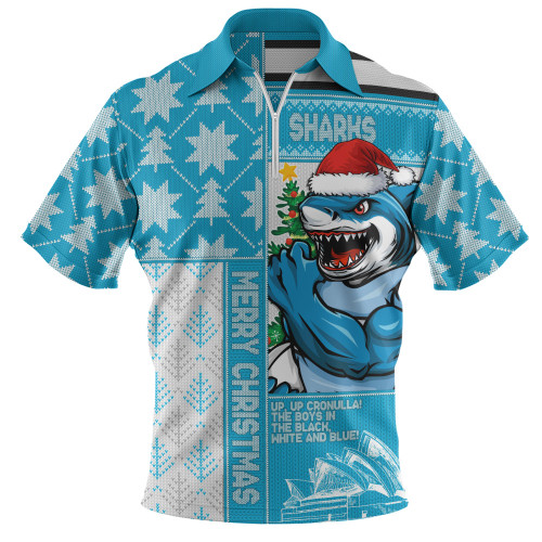 Cronulla-Sutherland Sharks Zip Polo Shirt Christmas Magic Knit Style Winter Glow
