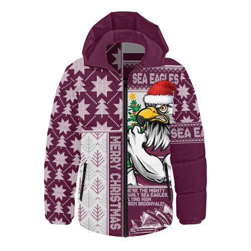 Manly Warringah Sea Eagles Hooded Padded Jacket Christmas Magic Knit Style Winter Glow Manly Warringah Sea Eagles Hooded Padded Jacket Christmas Magic Knit Style Winter Glow