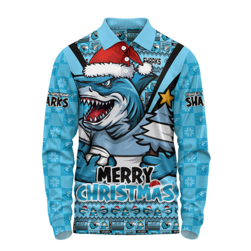 Cronulla-Sutherland Sharks Long Sleeve Polo Shirt Merry Christmas Festive Spirit Edition Cronulla-Sutherland Sharks Long Sleeve Polo Shirt Merry Christmas Festive Spirit Edition