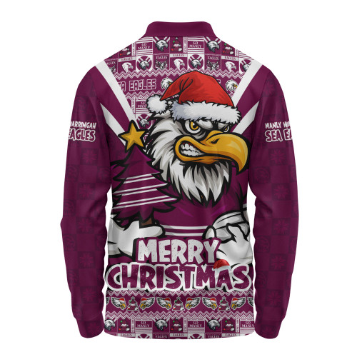 Manly Warringah Sea Eagles Long Sleeve Polo Shirt Merry Christmas Festive Spirit Edition