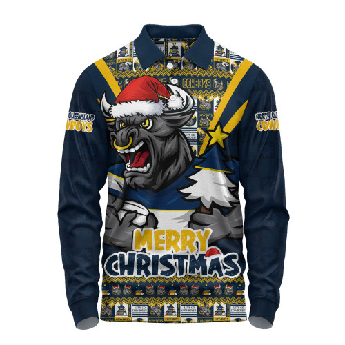 North Queensland Cowboys Long Sleeve Polo Shirt Merry Christmas Festive Spirit Edition North Queensland Cowboys Long Sleeve Polo Shirt Merry Christmas Festive Spirit Edition