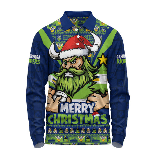 Canberra Raiders Long Sleeve Polo Shirt Merry Christmas Festive Spirit Edition