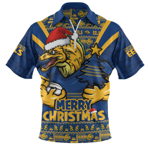 Parramatta Eels Zip Polo Shirt Merry Christmas Festive Spirit Edition Parramatta Eels Zip Polo Shirt Merry Christmas Festive Spirit Edition
