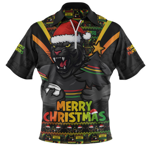 Penrith Panthers Zip Polo Shirt Merry Christmas Festive Spirit Edition Penrith Panthers Zip Polo Shirt Merry Christmas Festive Spirit Edition