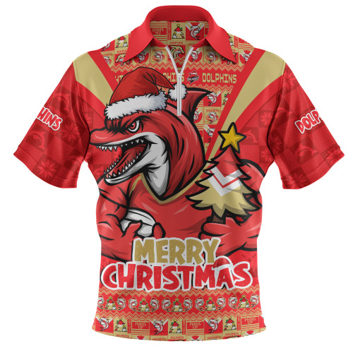 Redcliffe Dolphins Zip Polo Shirt Merry Christmas Festive Spirit Edition Redcliffe Dolphins Zip Polo Shirt Merry Christmas Festive Spirit Edition
