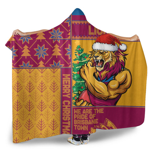 Brisbane Lions Hooded Blanket Christmas Magic Knit Style Winter Glow Brisbane Lions Hooded Blanket Christmas Magic Knit Style Winter Glow